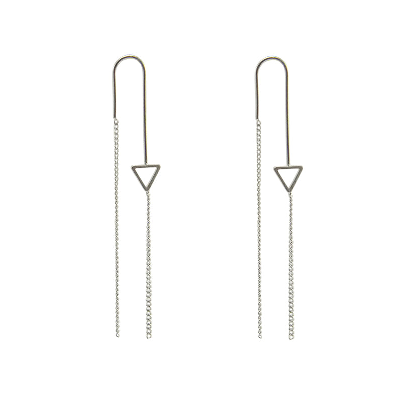 Tiny Cutout Triangle With Chain Sliver Pierced Earrings