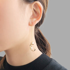 Pearl With C Shape Gold Pull-Thru Earrings
