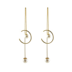 Pearl With C Shape Gold Pull-Thru Earrings
