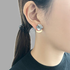 Oval Wing With Black Marble Gold Sterling Sliver Earrings