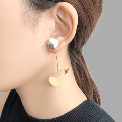 Oval Wing With Black Marble Gold Sterling Sliver Earrings