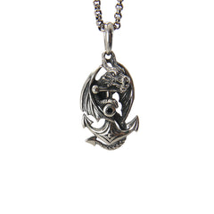 Dragon With Open Wings Warp on Anchor with Black CZ (Medium Size) Sterling Silver Necklace