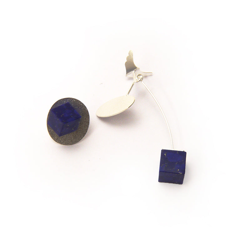 Oval Wing With Blue Marble Sterling Sliver Earrings