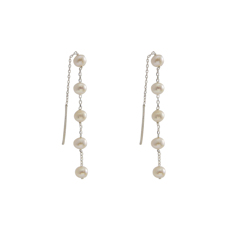 Mini Pearls Sterling Silver Pull-Thru Chain Earrings