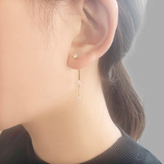 Bar with Clear crystal Gold Sterling Silver Pull-Thru Chain Earrings