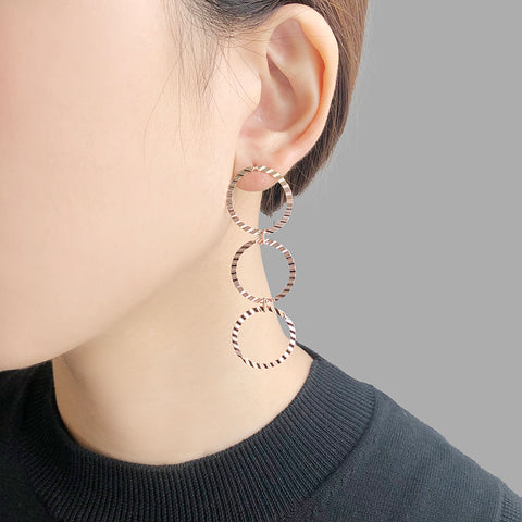 Triple circle Rose Gold Sterling Silver Pull-Thru Chain Earrings