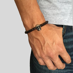 Skull Brown Woven Leather Bracelet with Rushy Clasp