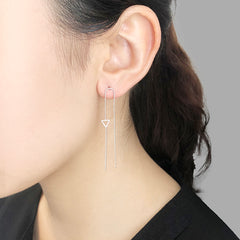 Tiny Cutout Triangle With Chain Sliver Pierced Earrings