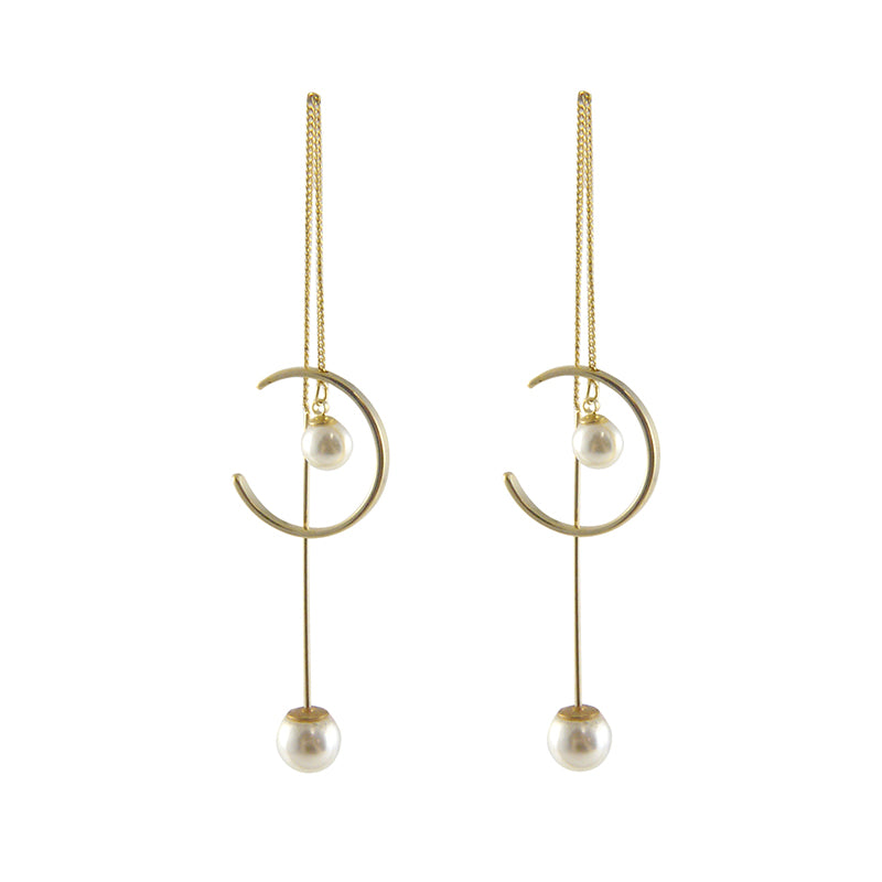 Pearl With C Shape Gold Pull-Thru Earrings
