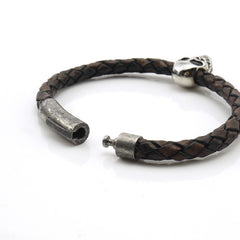 Skull Brown Woven Leather Bracelet with Rushy Clasp
