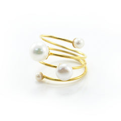 Slinky Wire Quartet Pearls Gold Sterling Silver Ring
