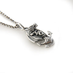 Dragon With Open Wings Warp on Anchor with Black CZ (Medium Size) Sterling Silver Necklace