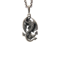 Dragon With Open Wings Warp on Anchor with Black CZ (Medium Size) Sterling Silver Necklace