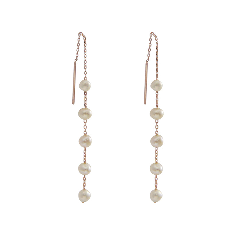 Mini Pearls Sterling Silver Rose Gold Pull-Thru Chain Earrings