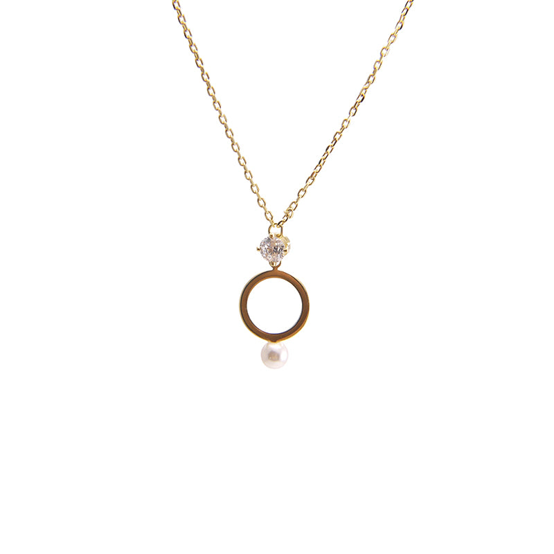 Cutout Circle Pearl and Crystal Gold Sterling Silver Necklace