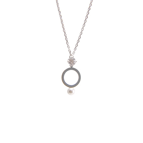 Cutout Circle Pearl and Crystal Sterling Silver Necklace