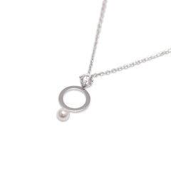 Cutout Circle Pearl and Crystal Sterling Silver Necklace